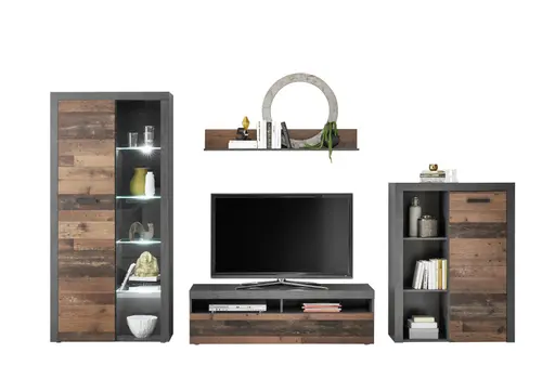 Wohnwand - mit Beleuchtung, Vintage Dekor, Betonoptik Dunkelgrau