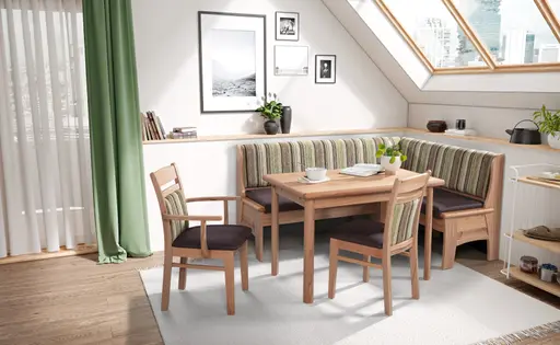 Eckbank - BT  ca. 177,5 x 137,5 cm, Kernbuche massiv, Stoff dunkelbraun schlammgrün