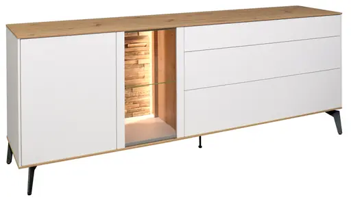 Lowboard - mit Beleuchtung, B ca. 207 cm, Weiß, Asteiche, Schwarz