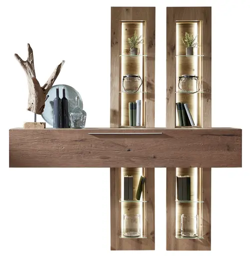Wohnwand - mit Beleuchtung, Alteiche Furnier, Akzent Alteiche Rustic