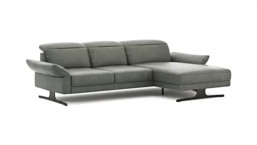 Ecksofa Rockport B - 2,5-Sitzer mit Longchair rechts inkl. Kopfteil/Sitztiefe/Armlehne verstellbar, Leder, Grau
