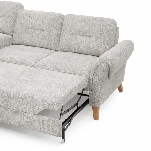 Ecksofa Almyra - Ottomane links mit 2,5-Sitzer, inkl. Schlaffunktion und Bettkasten, Stoff, Silbergrau