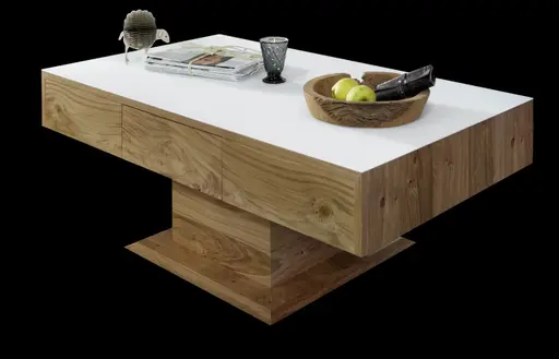 Couchtisch - Schubkasten, LBH ca. 120x70x44,4 cm, Kernwildasteiche Furnier, Satinglasauflage Weiß