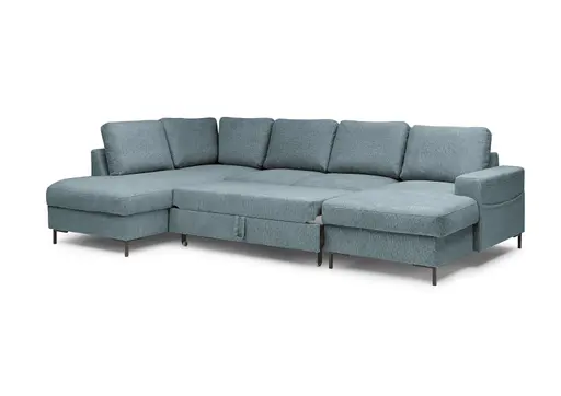 Wohnlandschaft - Ecke links mit 2-Sitzer und Longchair rechts, Stoff, Azur