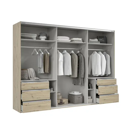 Schwebetürenschrank- B 300 cm, Eiche Dekor, Spiegel