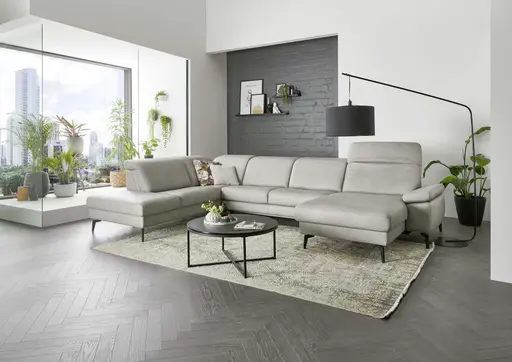 Wohnlandschaft - Ecke links mit 2,5-Sitzer und Longchair rechts, Kopfteil verstellbar, Leder, Alufarben