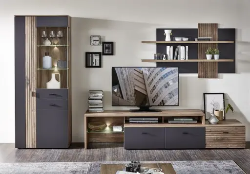 Wohnwand - mit Beleuchtung, Grau, Eiche Dekor