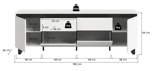 Lowboard - B ca. 188 cm, Weiß, Schwarz