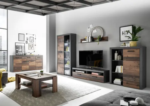 Wohnwand - mit Beleuchtung, Vintage Dekor, Betonoptik Dunkelgrau