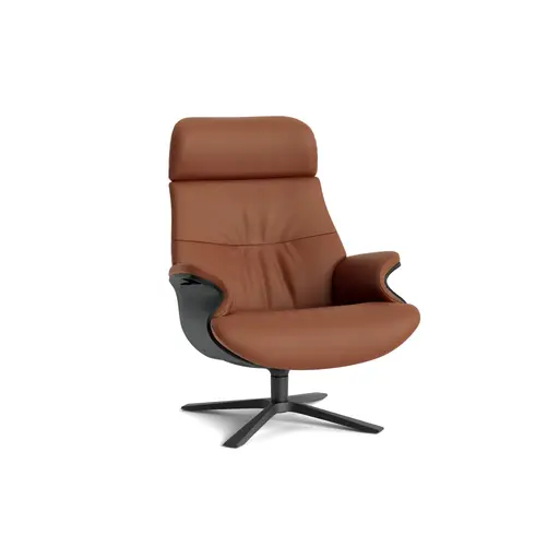 Relaxsessel Avina - Drehbar inkl. Rücken und Kopfteilverstellung, Leder, Cognac, Holzschale Schwarz