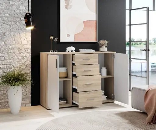 Kommode - B ca. 120 cm, Sonoma Eiche Nachbildung, Weiß