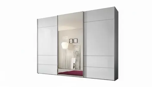 Schwebetürenschrank 3-türig EM Arango - B. ca. 280 cm, Dekor vulkan, Alpinweissglas, Kristallspiegel