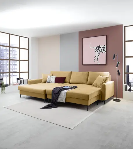 Ecksofa - Longchair links mit 3-Sitzer, Schlaffunktion mit Bettkasten, Stoff, Senfgelb