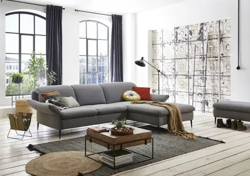 Ecksofa - 2,5-Sitzer mit Longchair rechts, inkl. Rückentiefen- und Kopfteilverstellung, Stoff, Grau