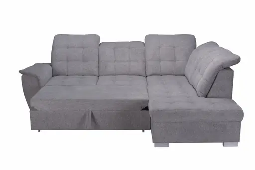 Ecksofa - 2-Sitzer, Ecke rechts inkl. Schlaffunktion und Bettkasten, verstellbare Kopfstützen, Stoff, Grau