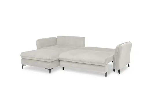 Ecksofa - Longchair links mit 2-Sitzer, Schlaffunktion mit Bettkasten, Stoff, Creme