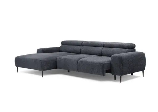 Ecksofa - Longchair links mit 2-Sitzer, Sitzvorzug motorisch, Kopfteil verstellbar, Stoff, Schwarzgrau
