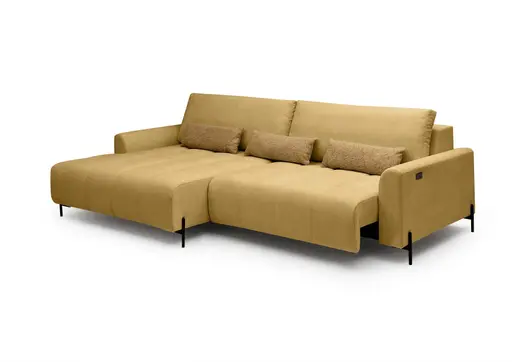 Ecksofa - Longchair links mit 2-Sitzer, Sitztiefe verstellbar motorisch, Stoff, Senfgelb