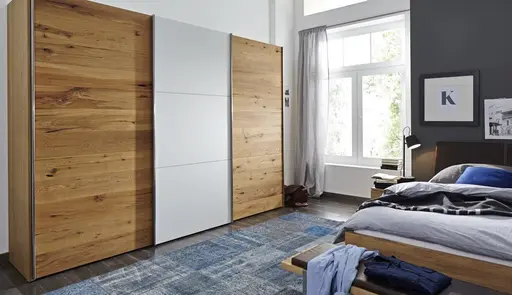 Schwebetürenschrank Colorado - B ca. 307 cm, Eichenfurnier mit Glas