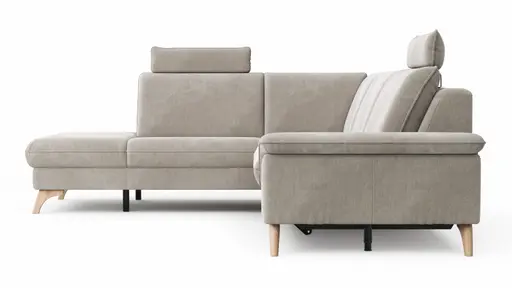 Ecksofa Tulsa KS - 1,5-Sitzer mit Anstellhocker aufklappbar links, Spitzecke und 2,5-Sitzer rechts, inkl. Kopfstütze, AL verstellbar und Schlaffunktion, Stoff, Graubeige