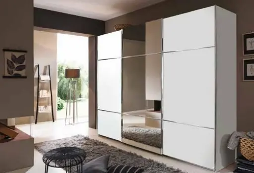 Schwebetürenschrank - B. ca. 301 cm, Alpinweiß Dekor, Mitteltür Spiegel