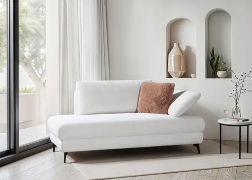 Einzelliege - Schlaffunktion mit Bettkasten, Armteil verstellbar, Stoff, Weiß