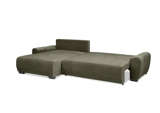 Ecksofa - Longchair links mit 2-Sitzer, Schlaffunktion mit Bettkasten, Stoff, Moos