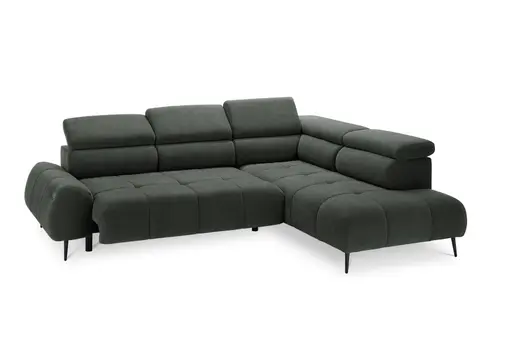 Ecksofa - 2-Sitzer mit Ecke rechts, Sitzvorzug motorisch, Kopfteil verstellbar, Stoff, Moos