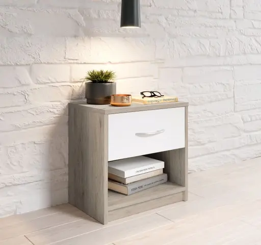 Nachtkommode - Eiche Dekor, Weiß