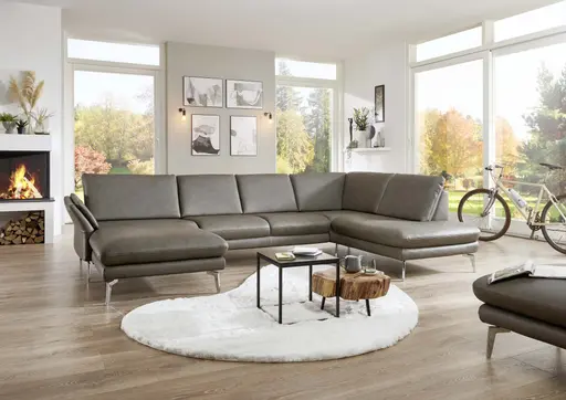 Wohnlandschaft - Longchair links mit 2,5-Sitzer und Ecke rechts, Leder, Dunkelgrau