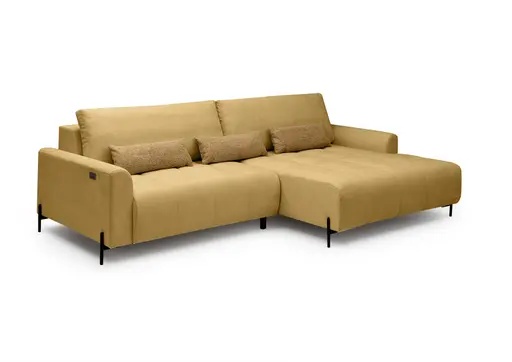 Ecksofa - 2-Sitzer mit Longchair rechts, Sitztiefe verstellbar motorisch, Stoff, Senfgelb