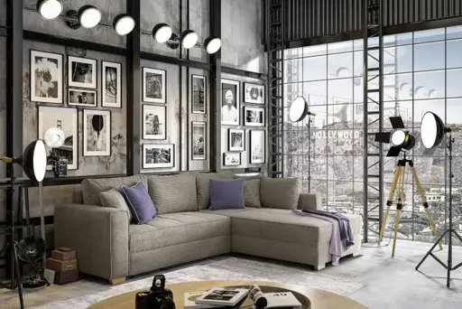 Ecksofa JAMELL - 2,5-Sitzer, Ecke rechts inkl. Schlaffunktion mit Bettkasten, Stoff, Taupe