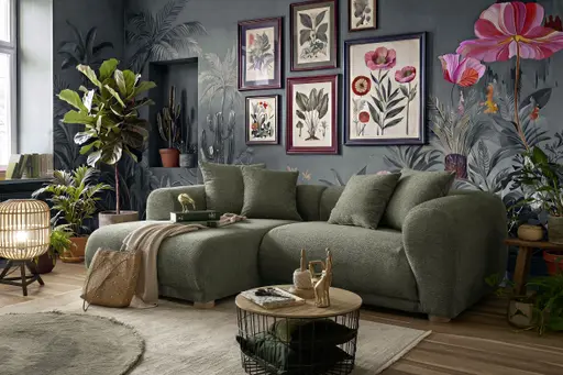 Ecksofa - Longchair links mit 2-Sitzer, Stoff, Grün