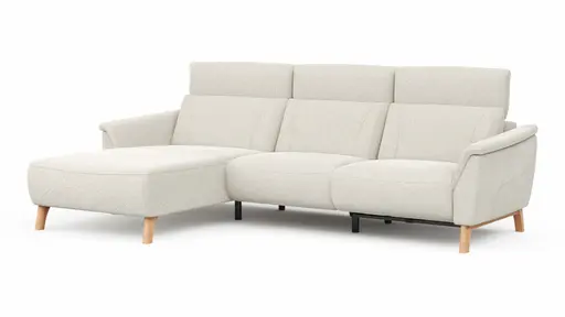 Ecksofa Nevin - Longchair links mit 2-Sitzer rechts, inkl. Relaxfunktion (motorisch) und Kopfpolsterverstellung, Stoff, Weiß