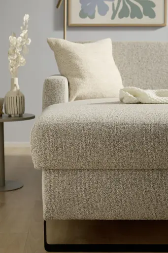 Schlafsofa Laredo - Longchair mit 2-Sitzer rechts inkl. Schlaffunktion mit Bettkasten, Stoff, Graubeige