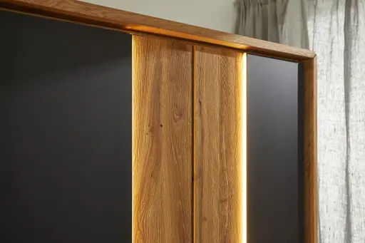 Drehtürenschrank Ottawa - inkl. Beleuchtung und Passepartout, B ca. 297 cm, Wildeiche massiv / Glas Anthrazit