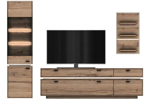 Wohnwand - mit Beleuchtung, Wildeiche massiv