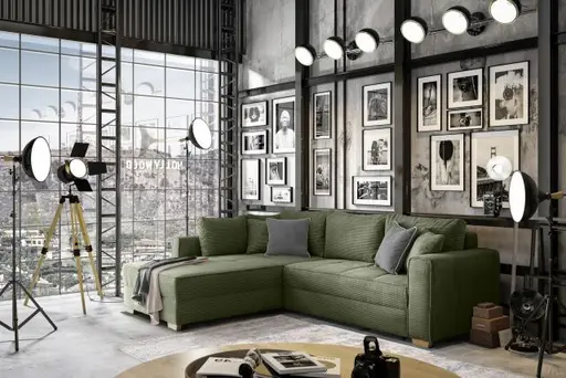 Ecksofa JAMELL - 2,5-Sitzer, Ecke rechts inkl. Schlaffunktion mit Bettkasten, Stoff, Grün