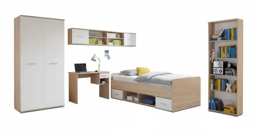 Jugendzimmer- 4 teilig, Eiche Dekor, Weiß