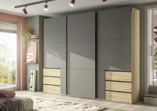 Schwebetürenschrank- B ca. 300 cm, Eiche Dekor, Graphit