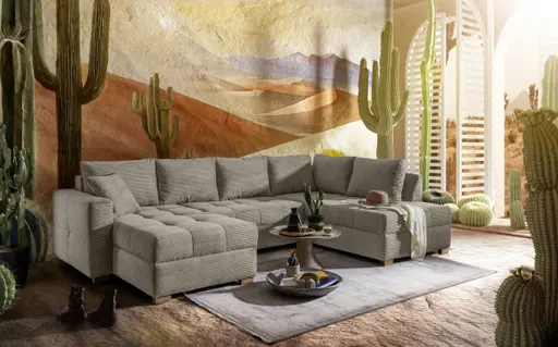 Wohnlandschaft JOSY - Longchair links mit 1,5-Sitzer und Ecke rechts inkl. Schlaffunktion mit Bettkasten, Stoff, Taupe