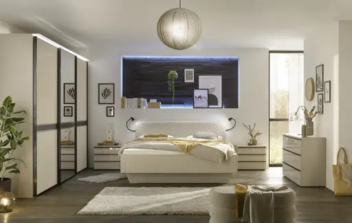 Bett EM Armadio - mit Beleuchtung,  Liegefläche ca. 180x200cm, Dekor Sand, Lederlook beige