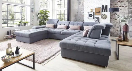 Wohnlandschaft - Longchair links, 3-Sitzer, Ecke rechts inkl. Kopfteilverstellung, Armteilverstellung in Flachgewebe blaugrau