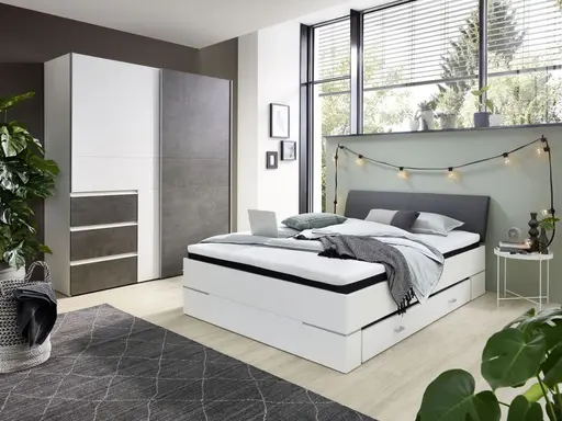 Schwebetürenschrank FJOLLA - B ca. 170,3 cm, Weiß, Betonoptik Dunkelgrau