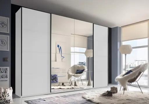 Schwebetürenschrank- B ca. 315 cm, Weiß, Spiegel