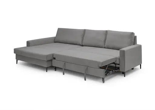 Ecksofa - Longchair links mit 3-Sitzer, Schlaffunktion mit Bettkasten, Stoff, Grau