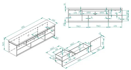 TV-Lowboard - mit Beleuchtung, B ca. 195 cm, Salbeigrün, Eiche Evoke Nachbildung