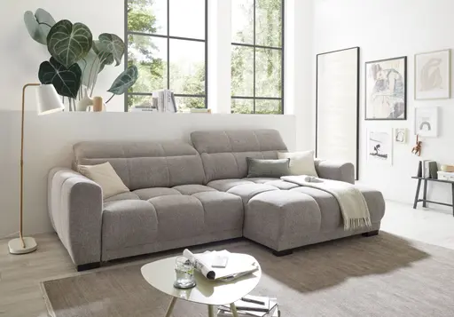 Ecksofa -2-Sitzer mit Longchair rechts, Kopfteil verstellbar, Sitztiefe verstellbar motorisch, Stoff, Taupe