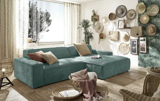 Ecksofa - 2-Sitzer mit Longchair rechts, Sitzvorzug motorisch, Stoff, Petrol