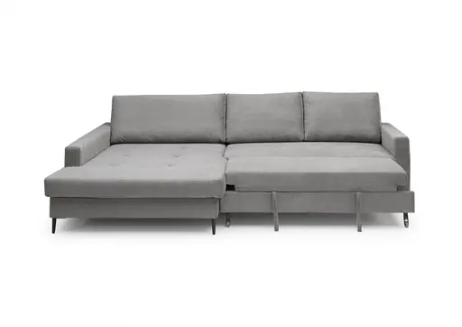Ecksofa - Longchair links mit 3-Sitzer, Schlaffunktion mit Bettkasten, Stoff, Eisengrau